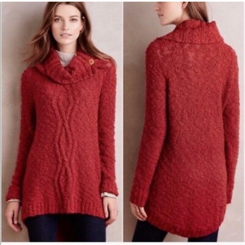 Anthropologie Moth Red Orange Boucle Button Cowl Neck Oversized Sweater